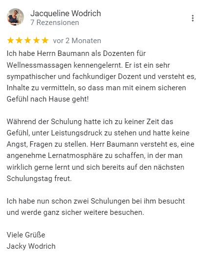 Bewertung bei Google für meine Wellnesskurse